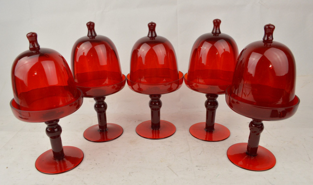 Ruby Red Glass Pedestal Compote Candy Dishes w/ Dome Lids 9" Matching Set x5
